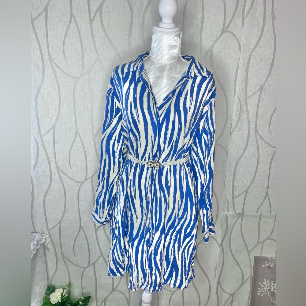 🦋 My Angel 🦋 Blue & White Print Button Up Tunic Shirt Dress Plus
